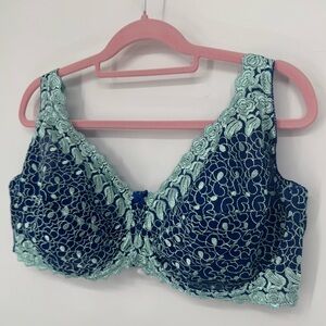 Amoureuse Lace Underwire Lingerie Bra Royal Blue with Mint Trim Size 48DD